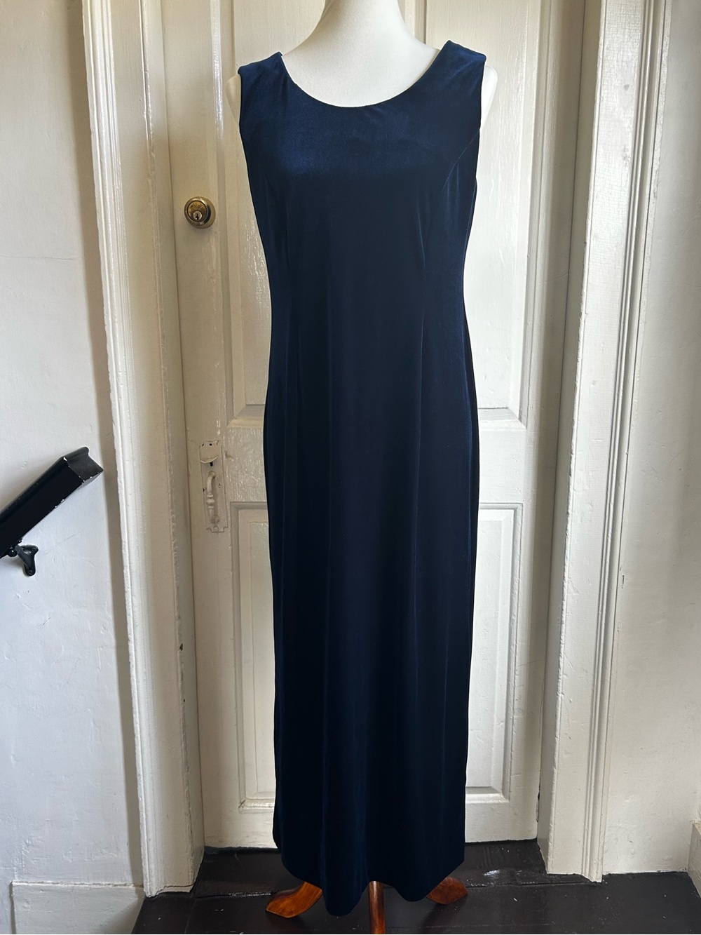 Vintage 1990s R&M Richards Navy Blue Velvet Column Maxi Dress Petite Size 10